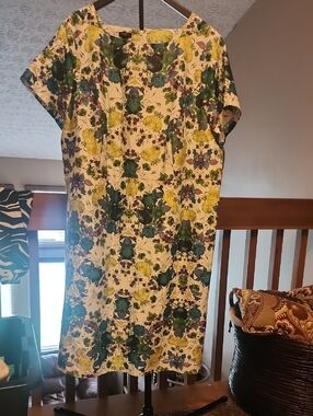 Talbots Cream Floral Midi Dress with Green Yellow and Purple Accents